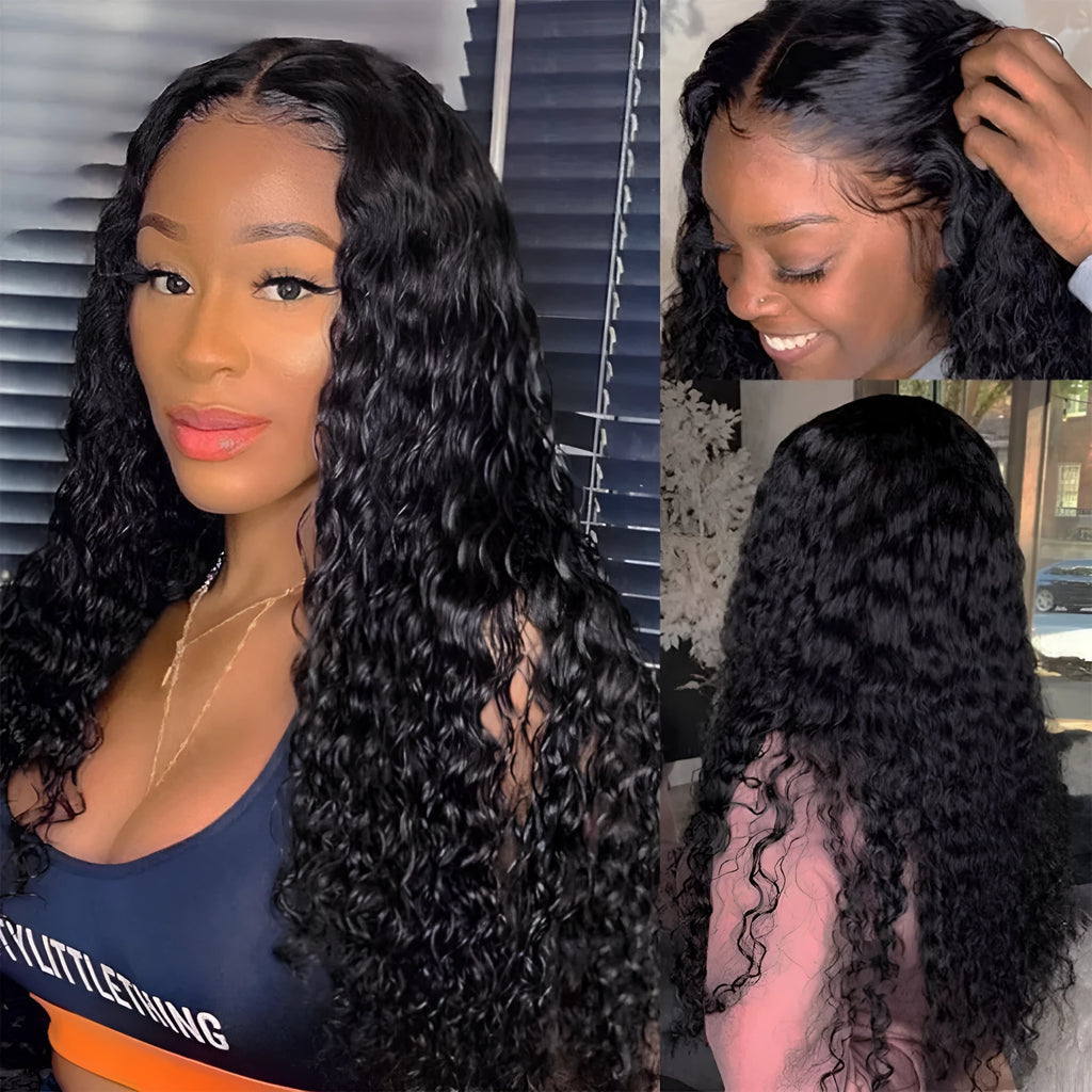 Curly human hair lace front wig shown in a long length, demonstrating its realistic texture and hairline.