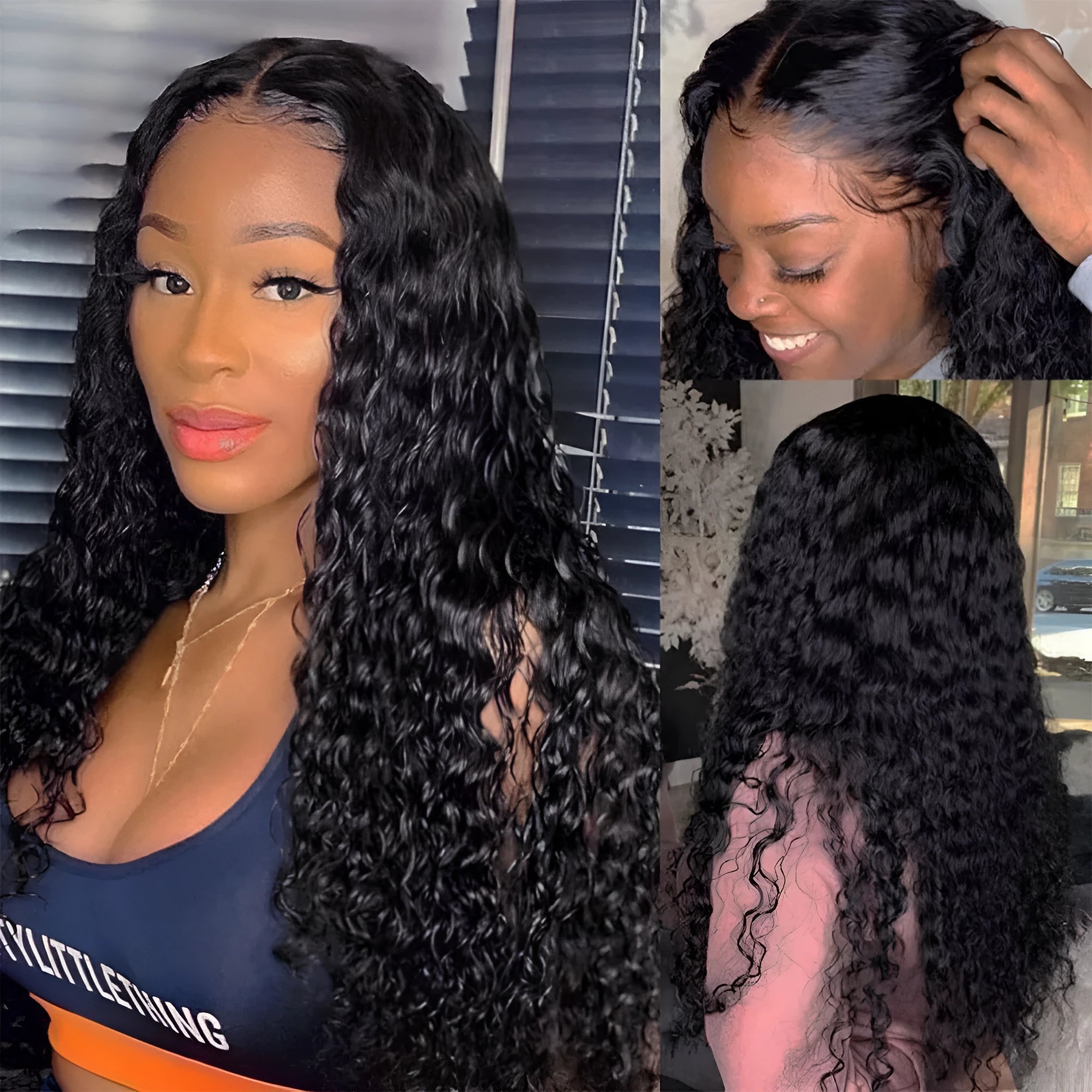 Curly human hair lace front wig shown in a long length, demonstrating its realistic texture and hairline.