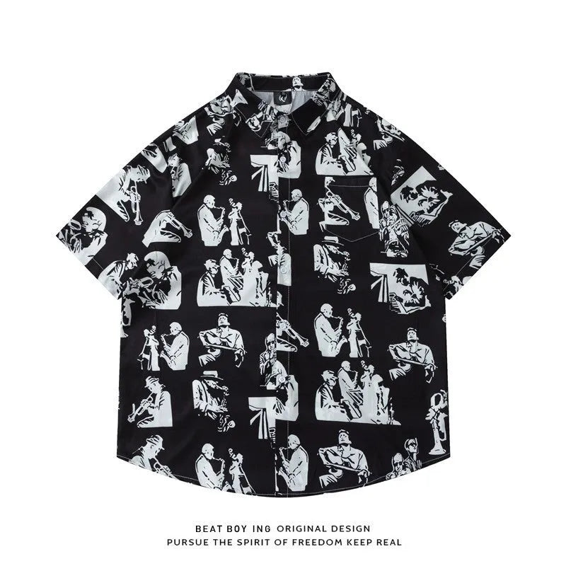 Man wearing a loose-fit short sleeve cardigan shirt with a full floral print.