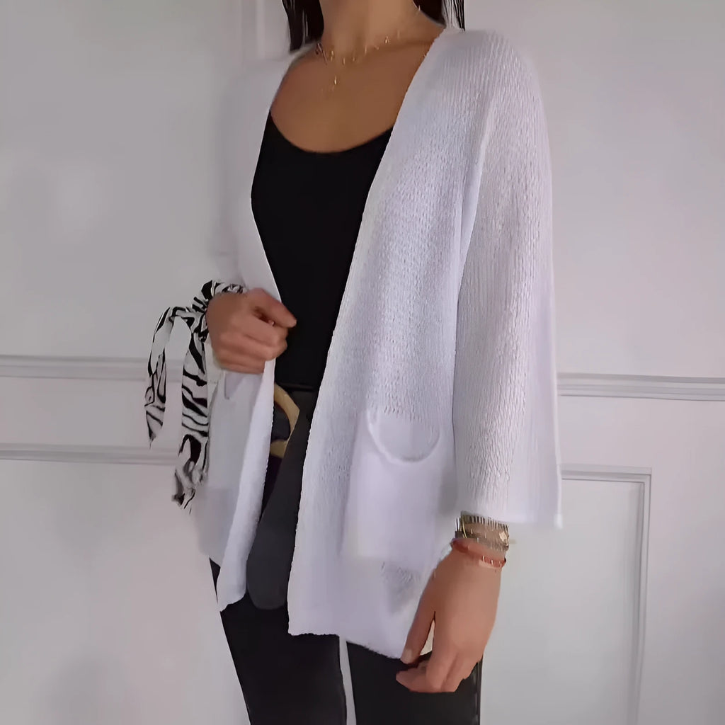 Women's waffle texture cardigan coat in army green with nine-quarter sleeves and pockets.