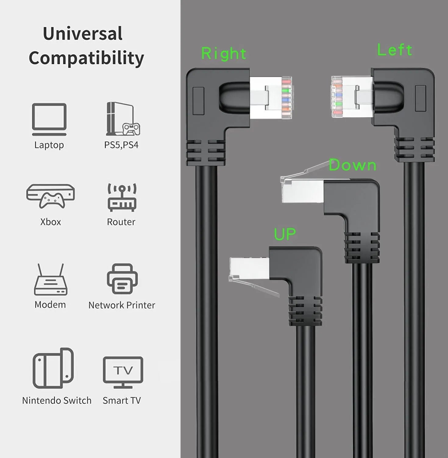 Cat6 Ethernet cable with right-angle RJ45 connector in multiple colour options including black, white, and red