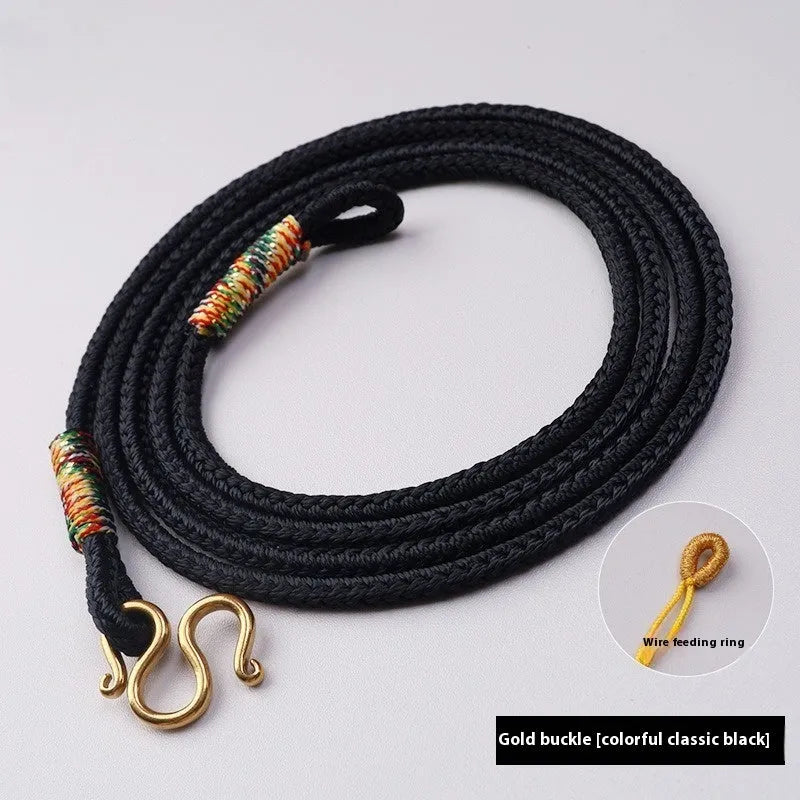 Gold and silver Thangka Peace Buckle jewellery with gem inlaid pendant on imitation pearl, showing pull ring.