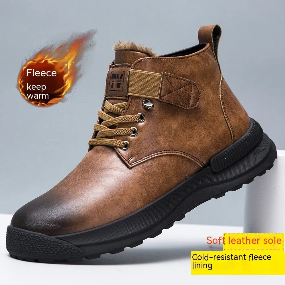 Black and brown high-top platform Martin boots for men with artificial PU uppers and visible stitching detail