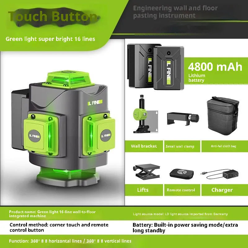 Green 16-line 3D self-levelling laser level on a work surface showing multiple projected lines.