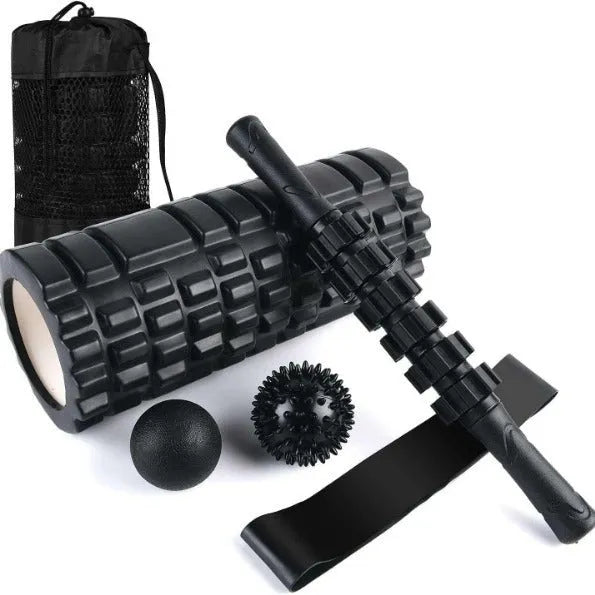 Black 33cm fitness foam roller with six gear massage bar pieces on grey background
