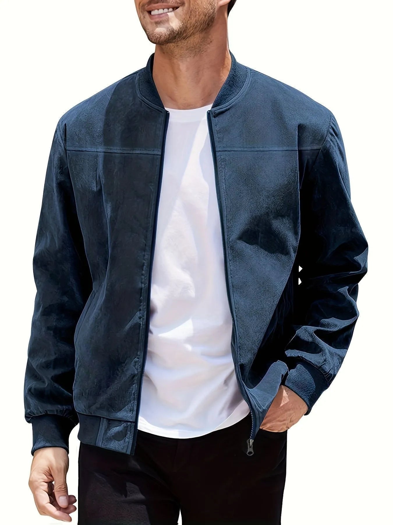Men's Army Green suede zip-up jacket with a regular fit and standard sleeves on a hanger.