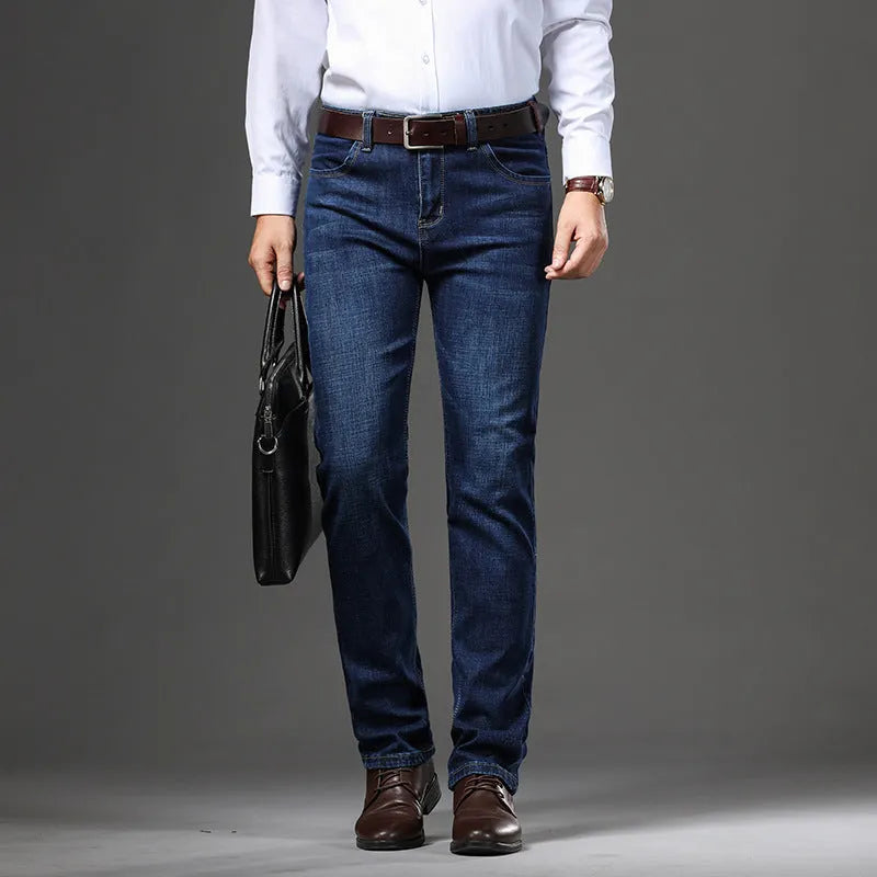 Women's straight-leg stretch jeans in black and blue colours showing business casual styling