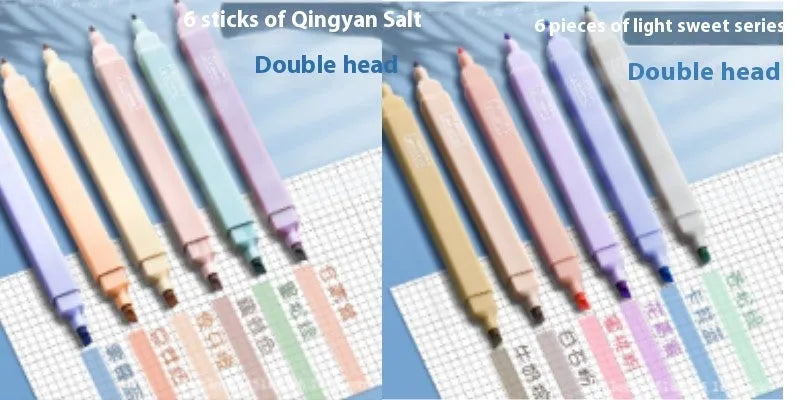 Double-headed fluorescent marking pens showing two different coloured tips on each pen