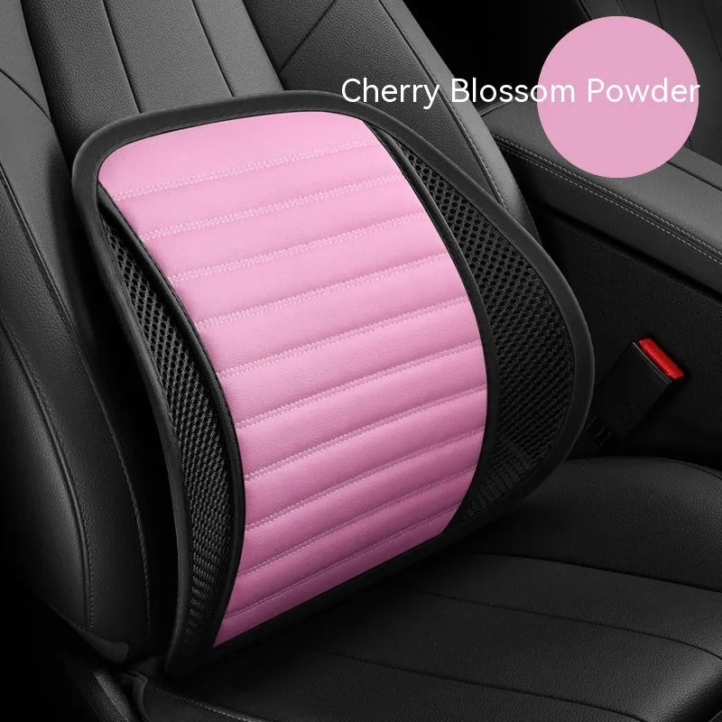 Leather lumbar support cushion shown in sapphire blue colour for car seats and chairs