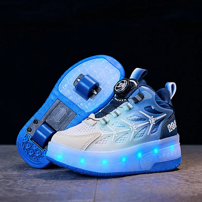Children's knob-adjust roller skates in blue, black, and pink colours with rotating button.