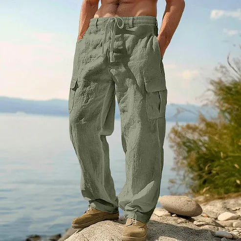 Men's loose fit cotton wide-leg casual trousers in light army green colour