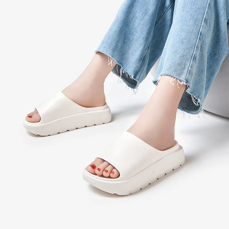 Women's beige thick-soled fish mouth slippers with 5.5cm EVA soles for indoor and outdoor wear