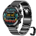 Black steel smart watch on wrist showing Bluetooth calling interface and health metrics.