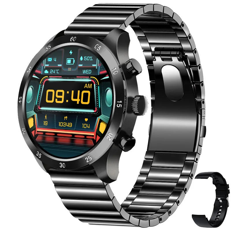 Black steel smart watch on wrist showing Bluetooth calling interface and health metrics.