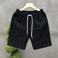 Men's black and white striped casual shorts with a fleece lining and double-layer waistband.