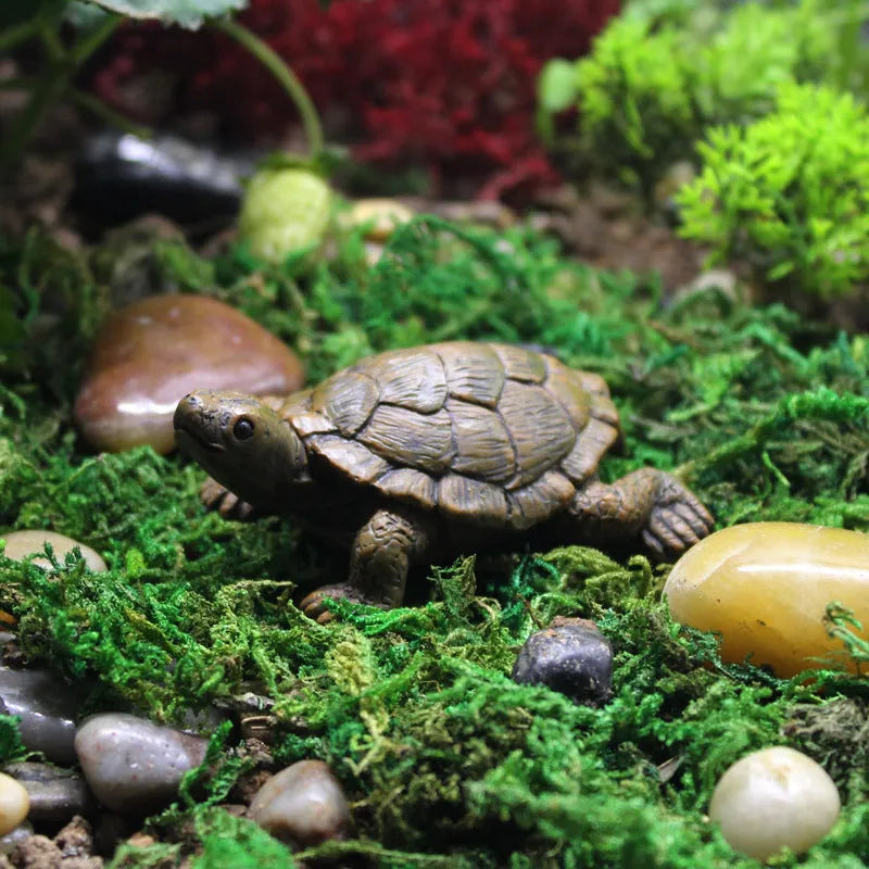 Realistic simulated turtle resin ornament for garden and terrarium decoration.