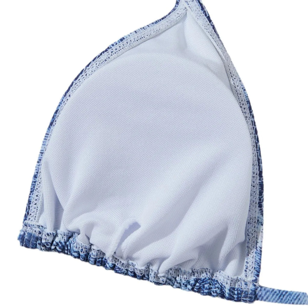 Women's denim blue printed bikini set with strap design showing front and back views