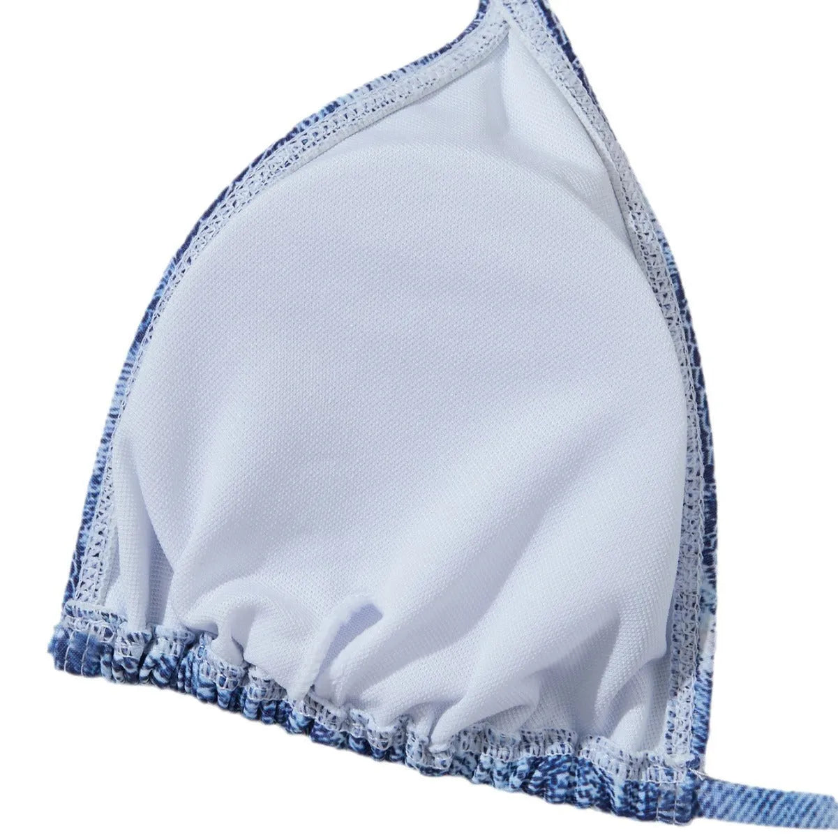 Women's denim blue printed bikini set with strap design showing front and back views