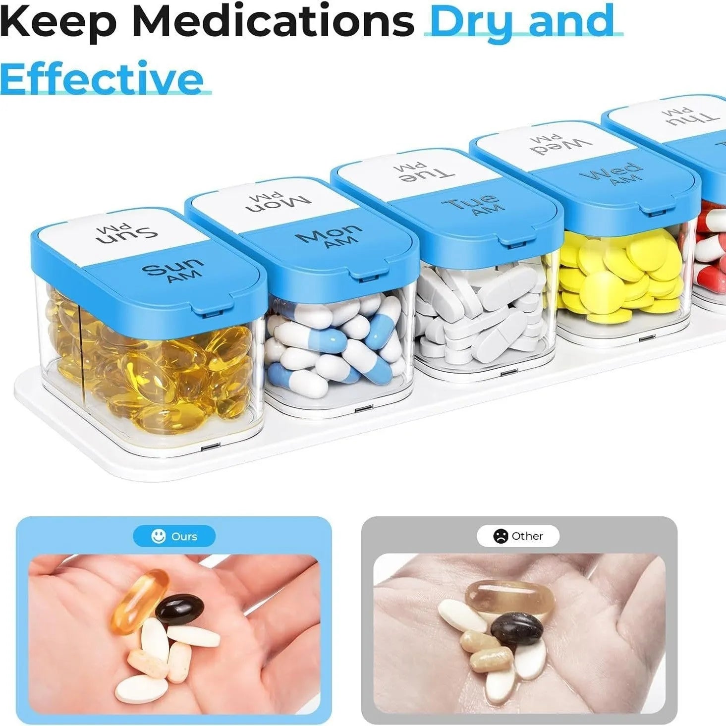 Amazon 14-compartment removable pill box dispenser in white or rainbow colour with extra large 1L capacity