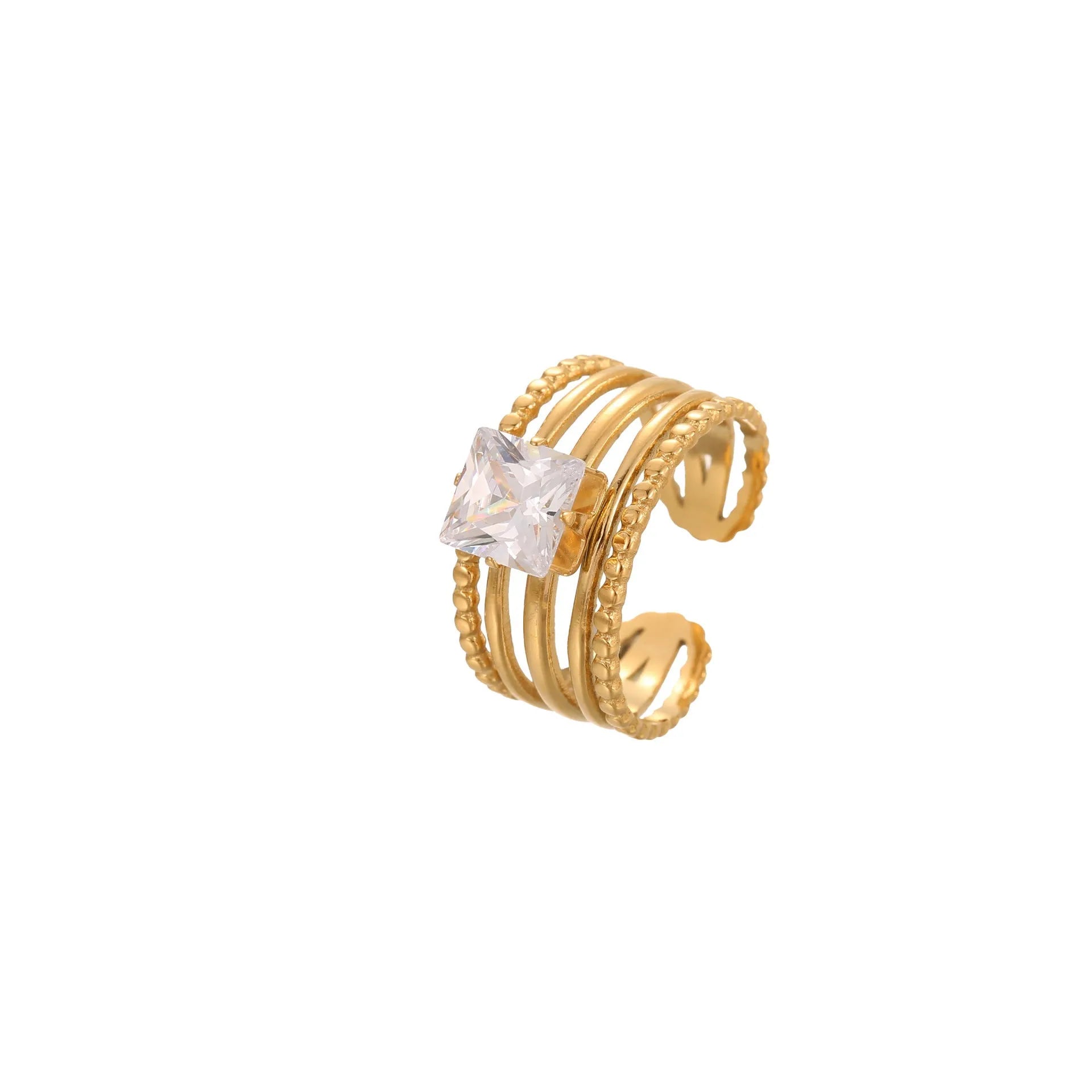 Gold-coloured stainless steel open ring with zircon stones in a geometric heart design.