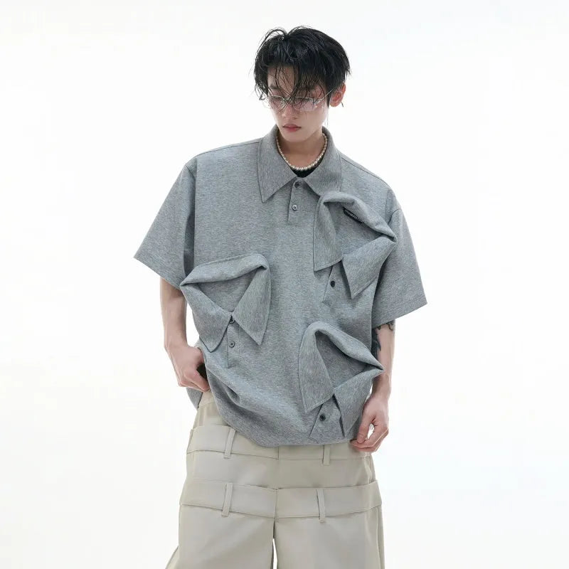 Men's deconstructed polo shirt with geometric pattern and multiple collar styles in loose fit