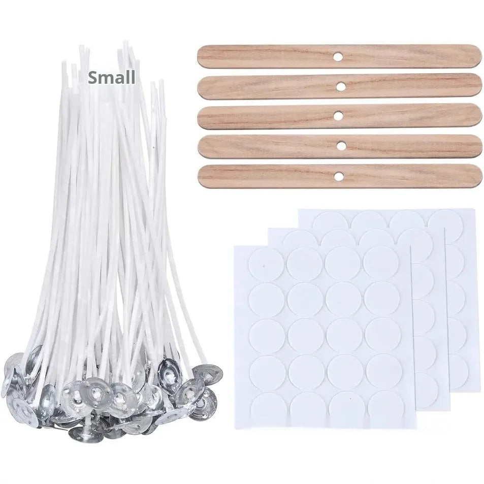 White cotton candle wicks showing three length options: 2.6cm, 6cm and 8cm for DIY candle making