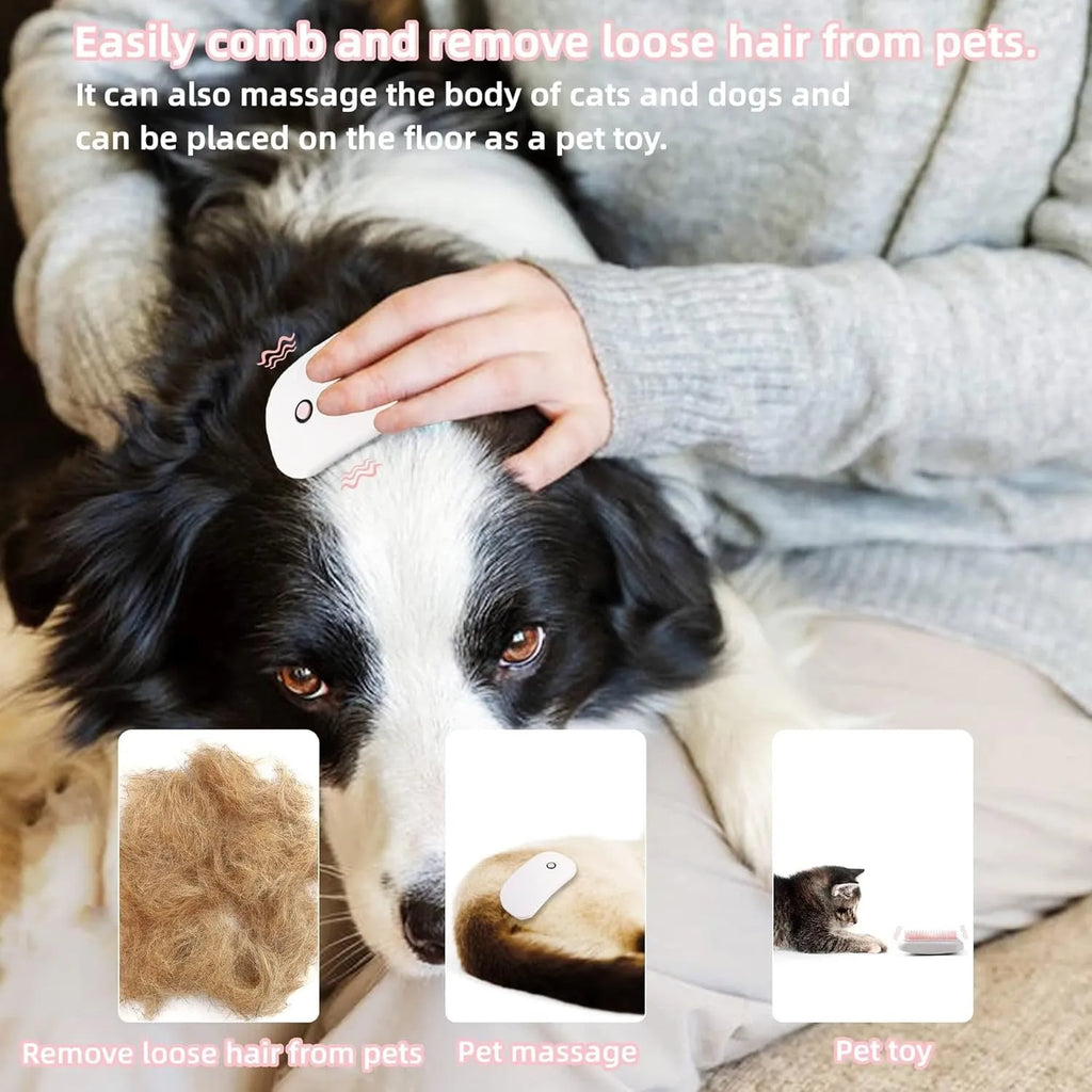 Pink handheld electric pet grooming brush with soft TPE teeth on a white background.