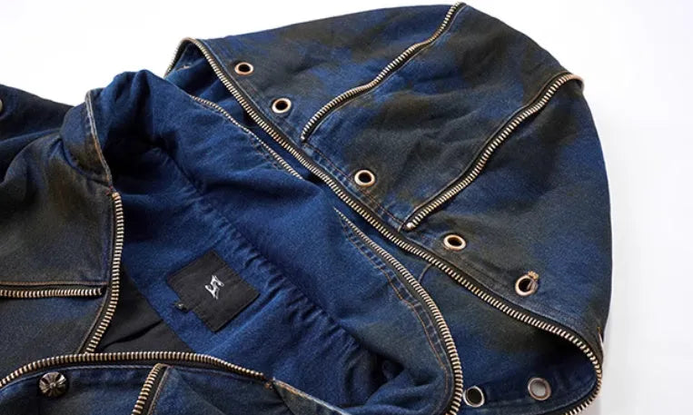 Blue hooded denim vest coat and matching trousers set with front zip closure