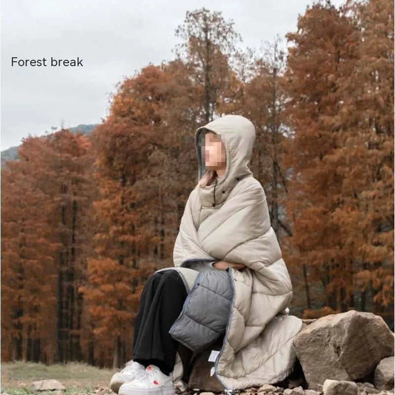 Army Green outdoor cloak sleeping bag wearable camping blanket showing cape and blanket functions