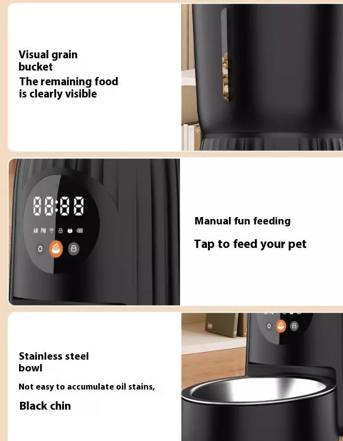Black and white intelligent pet feeder with automatic timing and quantitative remote feeding function