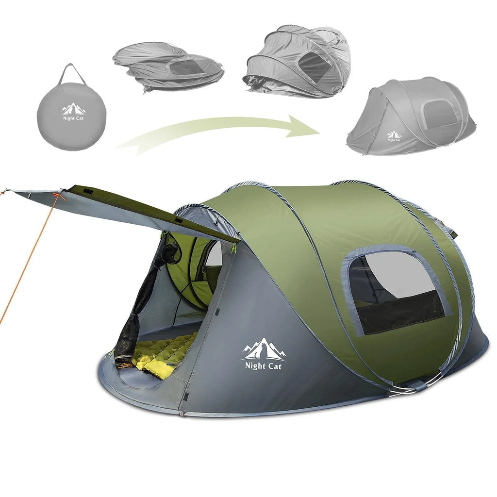 Dark green two-person automatic pop-up camping tent with dimensions 2.9m long by 2m wide