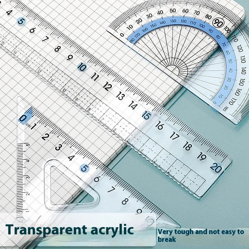 Transparent acrylic drawing ruler set with protractor for technical drafting and geometry
