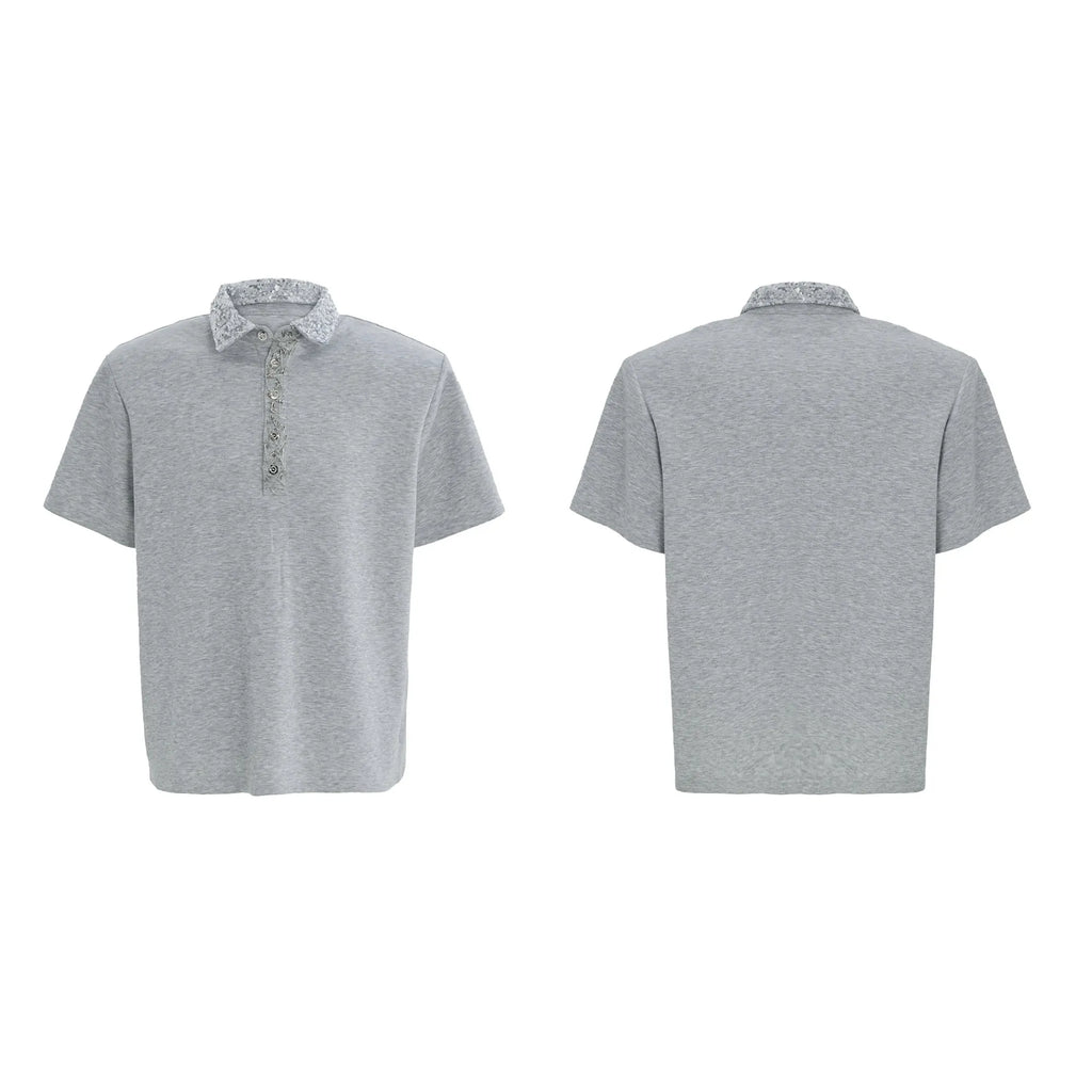 Men's black polo T-shirt with heavy embroidery sequin decoration and square collar design