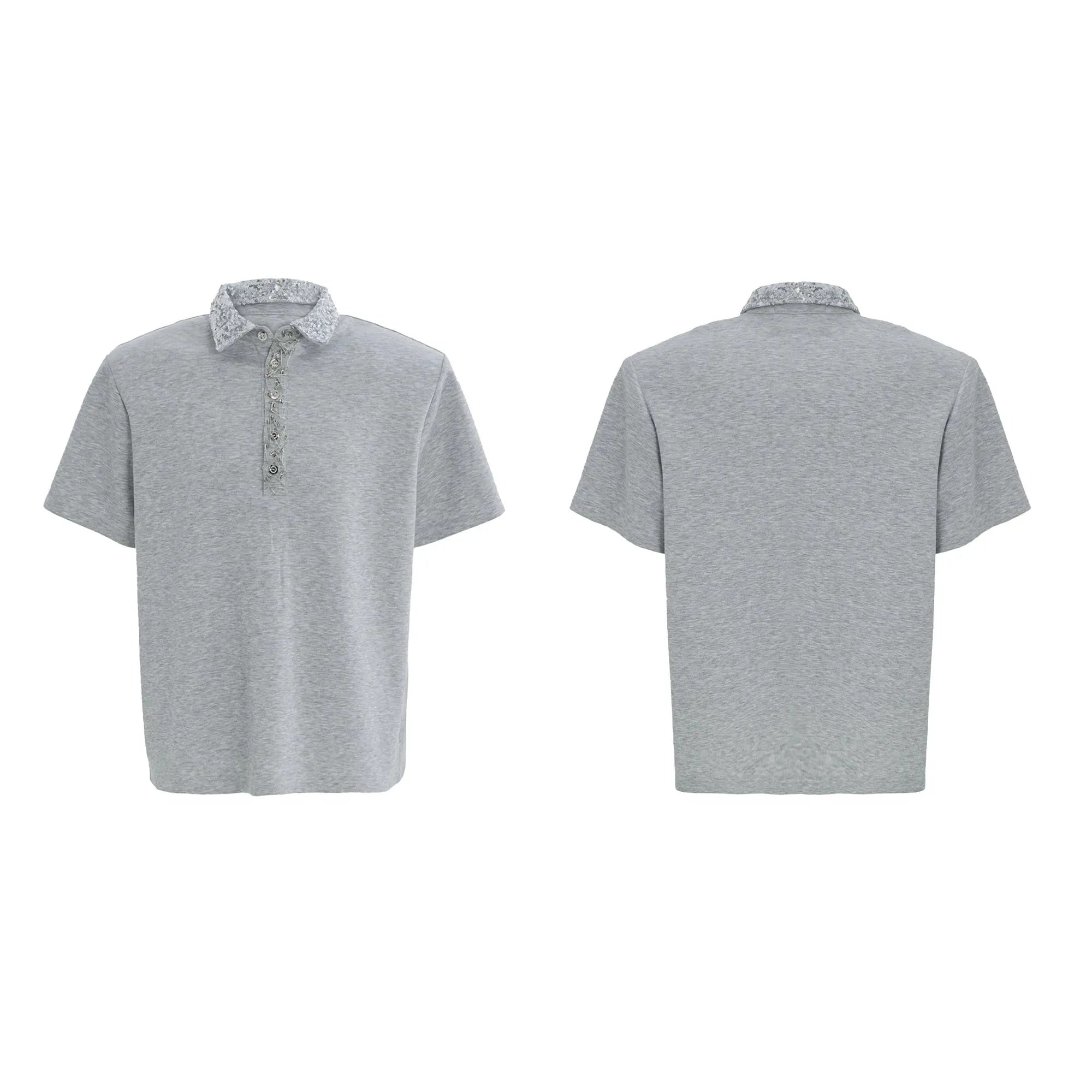 Men's black polo T-shirt with heavy embroidery sequin decoration and square collar design