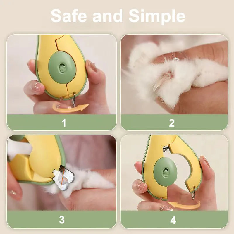 Green pet nail clipper with LED light on, showing scissor design and anti-slip handle for small dogs and cats.