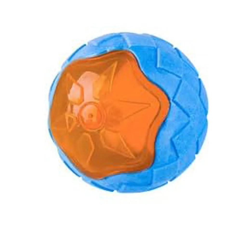 Set of three dog toys: a red ball, a blue barbell, and an orange tyre, floating in water.