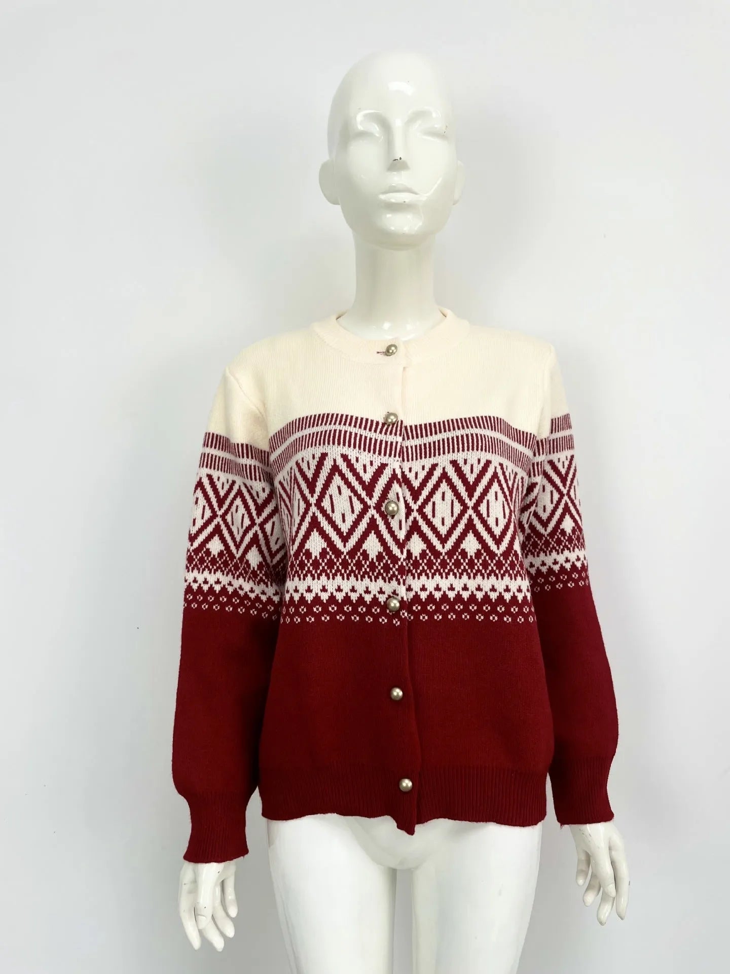 Women's red alpaca wool diamond knit cardigan with contrast colour long sleeves