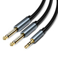 Black 3.5mm to 6.35mm stereo audio cable with gold-plated connectors on a white background