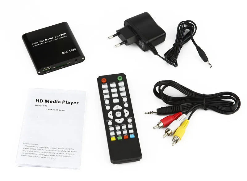 Compact blue and black 1080p Full HD media player with HDMI port and remote control