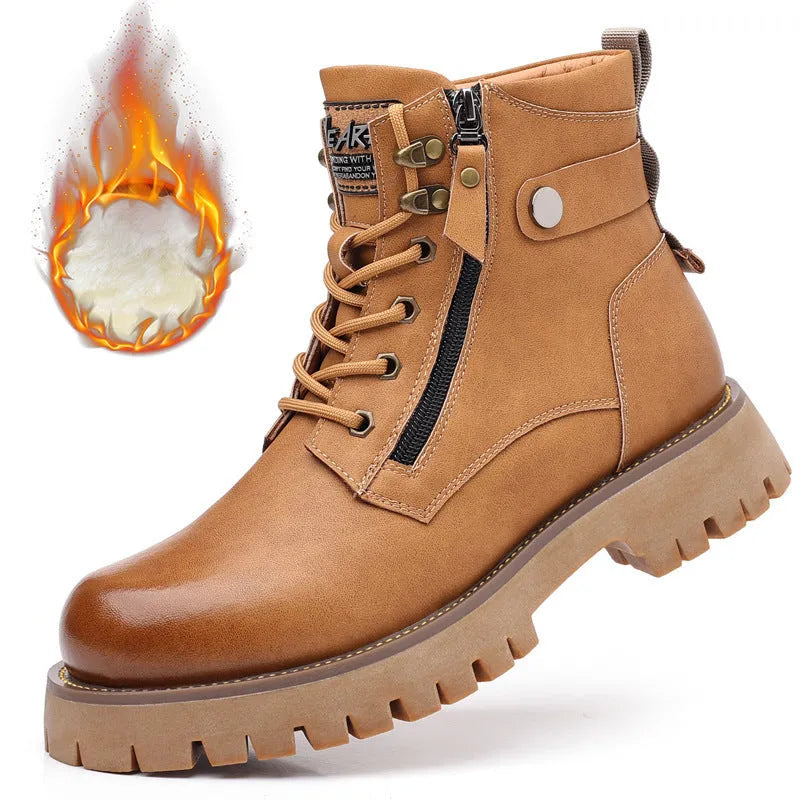 Men's brown leather Martin boots with side zipper and mid heel