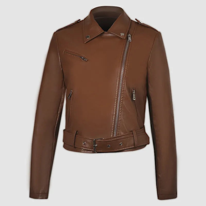 Women's black PU leather motorcycle jacket with lapel collar and short belt detail