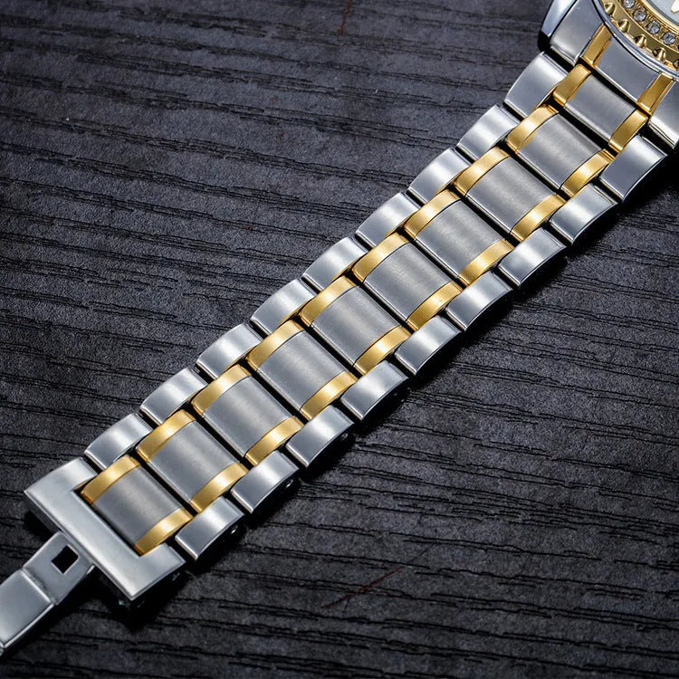 Men's waterproof automatic mechanical watch with gold case and black dial showing luminous elements