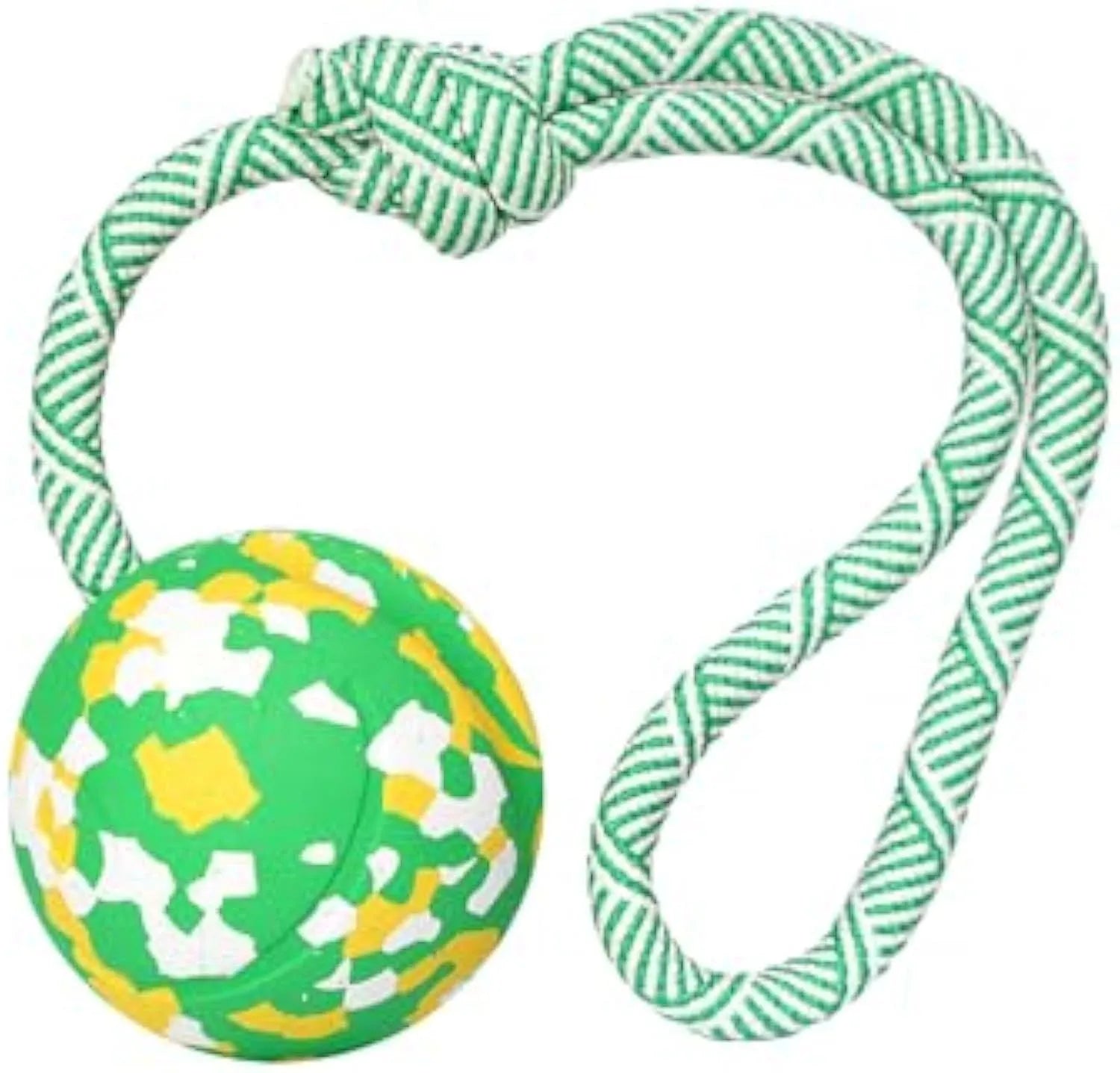 Natural rubber and bamboo fibre dog ball attached to a nylon rope for interactive play