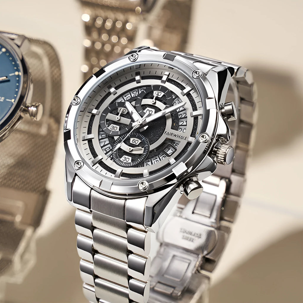 Men's luminous waterproof quartz watch with a steel bracelet in a casual style.