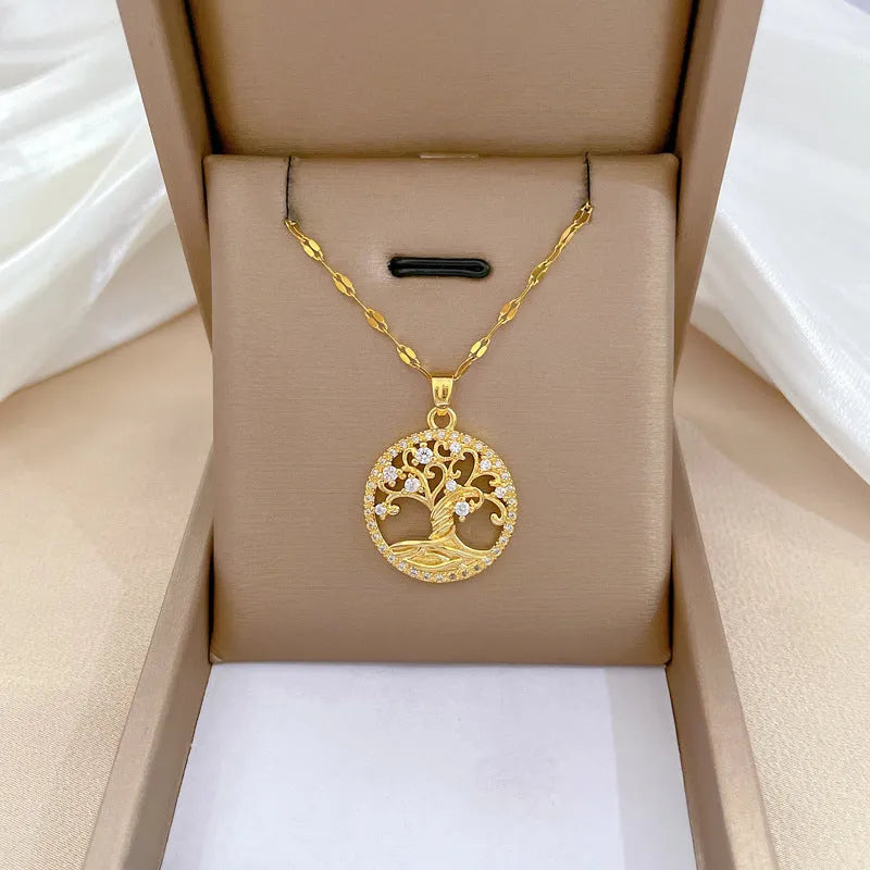 Gold-plated cross necklace with mother-of-pearl shell pendant and rhinestone zircon lucky tree pattern on adjustable chain