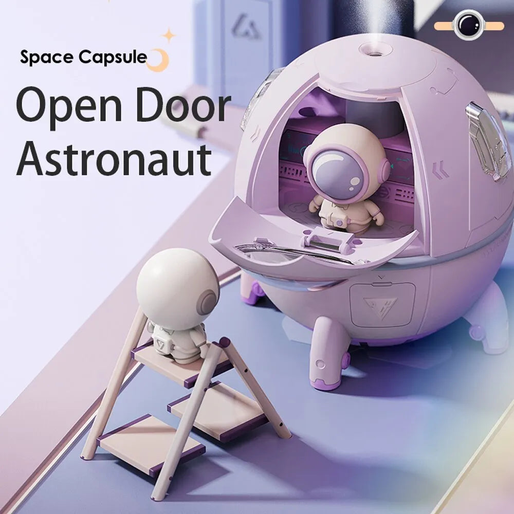 Purple astronaut shaped desktop humidifier with 220ml tank and USB cable