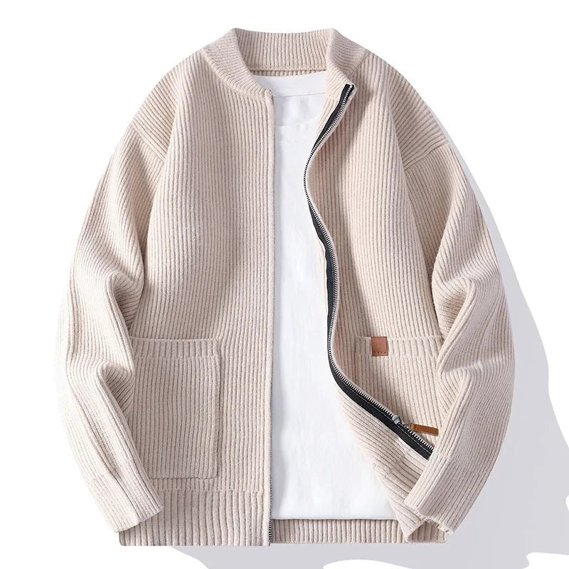 Men's striped sweater cardigan jacket in a polyvinyl alcohol fibre blend, shown in beige colour.