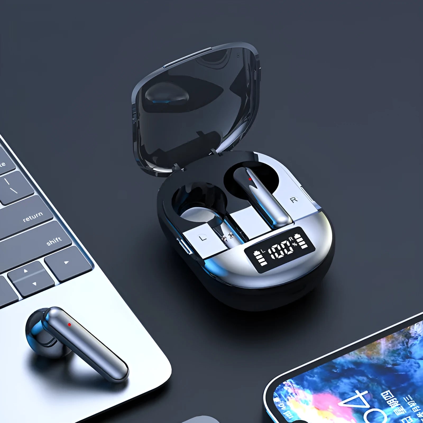 Black and white wireless Bluetooth in-ear headset with digital display screen and charging bin