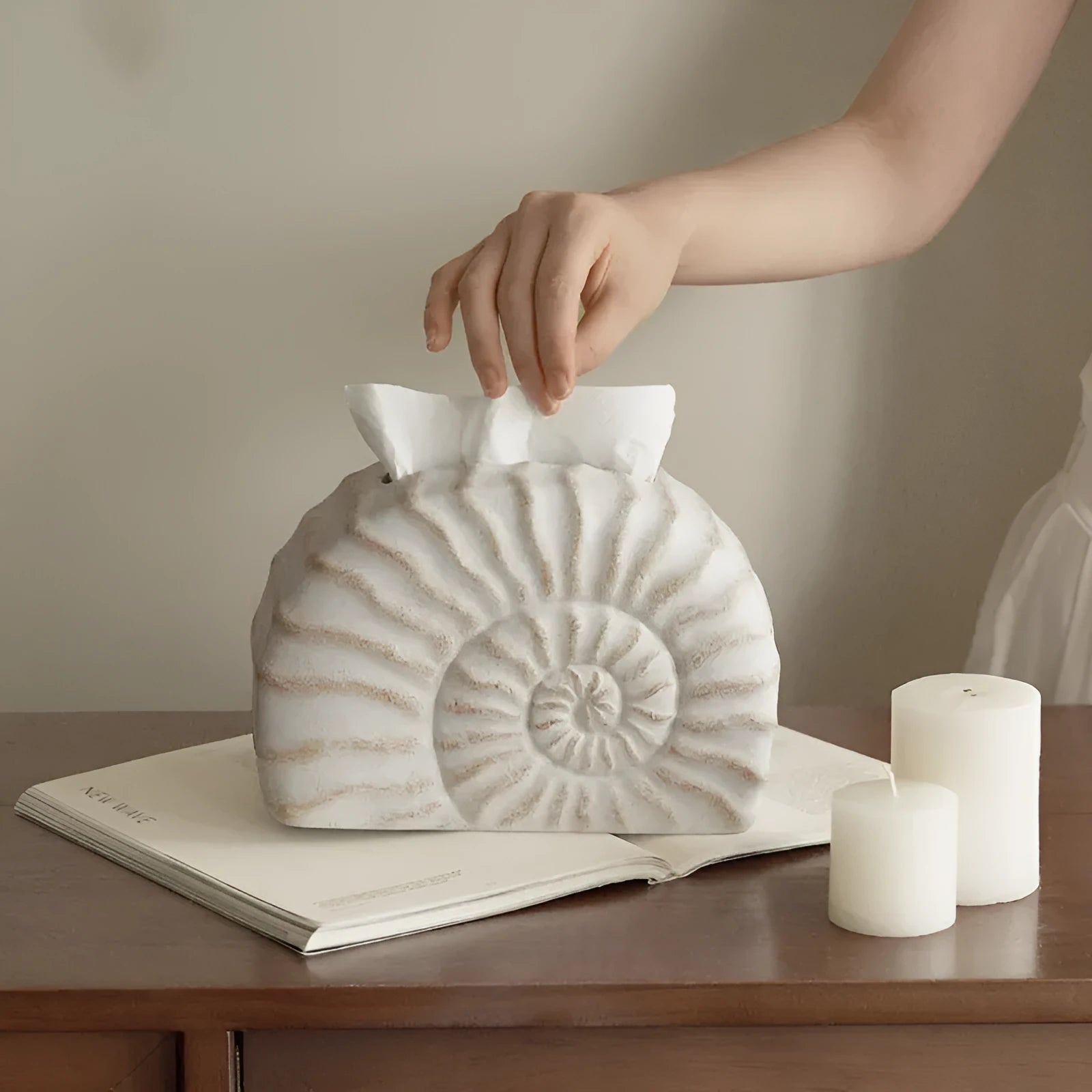 Modern minimalist resin tissue box holder in a conch ramble colour and pattern.