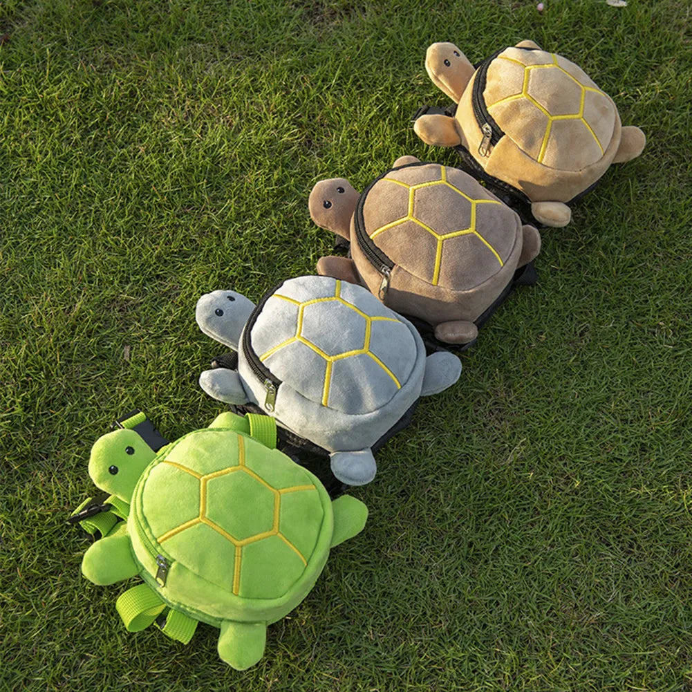 Cartoon turtle shape dog backpack harness vest in velvet with metal zipper, shown in brown colour